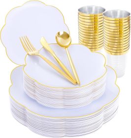 EI 180pcs White Plastic Plates with Gold Plastic Silverware,Heavy-Duty Disposable Plates for Party,White Dinnerware Set for 30 Guest Wedding,Birt